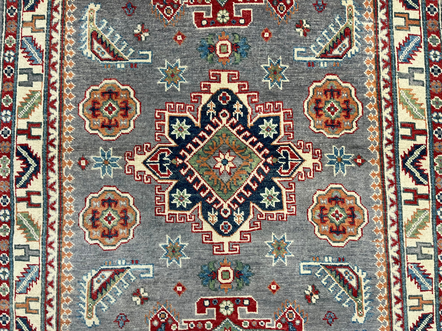 4X6 Kazak Gray Geometric Handmade Wool Rug # 13941