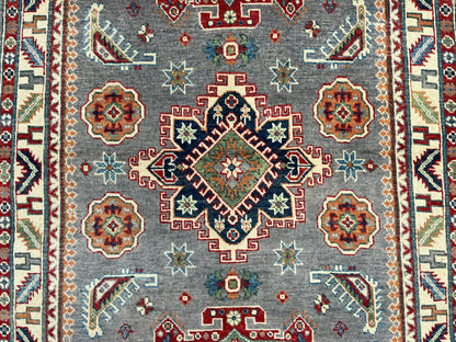 4X6 Kazak Gray Geometric Handmade Wool Rug # 13941