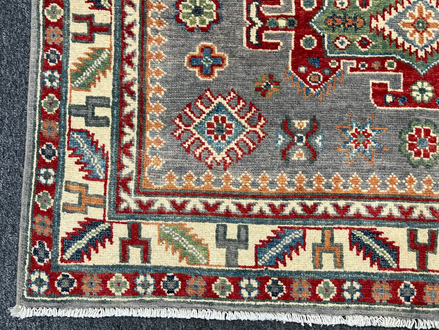 4X6 Kazak Gray Geometric Handmade Wool Rug # 13941