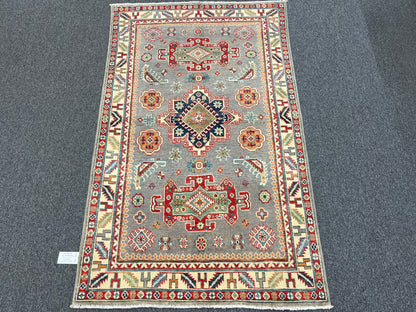 4X6 Kazak Gray Geometric Handmade Wool Rug # 13941