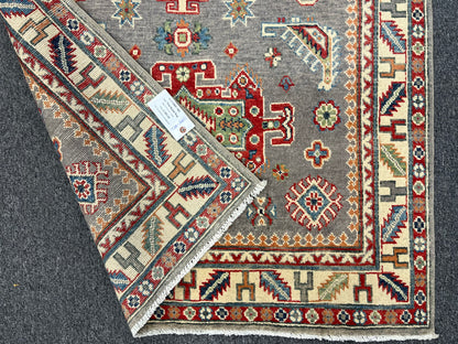 4X6 Kazak Gray Geometric Handmade Wool Rug # 13941