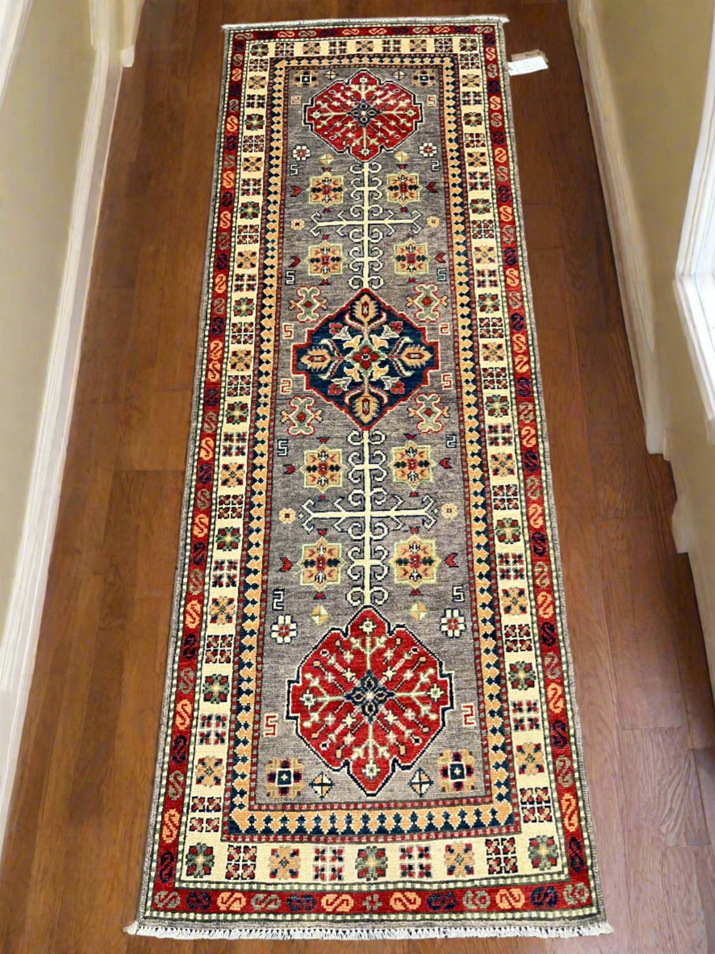 2' 5"X7' Kazak Light Gray Handmade Wool Runner Rug # 13786