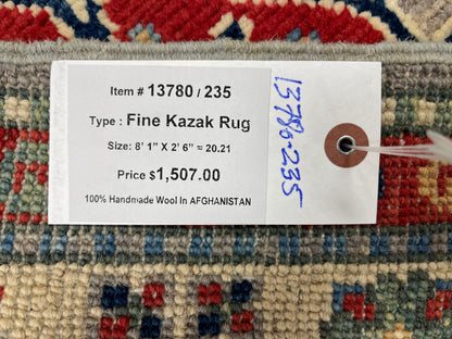 2' 6"X8' Kazak Light Gray Handmade Wool Runner Rug # 13780