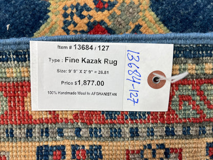 Kazak Navy 2' 9"X10' Handmade Wool Runner Rug # 13684