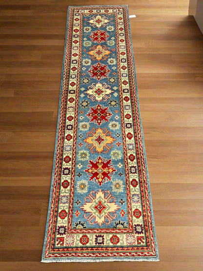 Kazak Light Blue 2' 7"X10' Handmade Wool Runner Rug # 13689