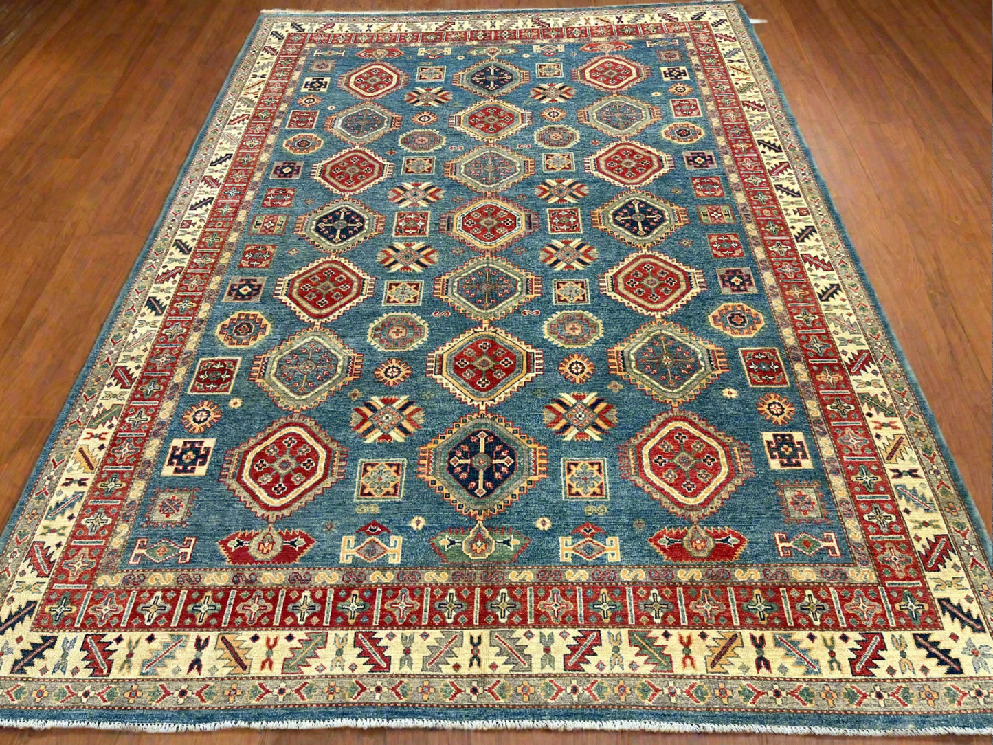 Kazak Light Blue 8X12 Handmade Wool Rug # 13740