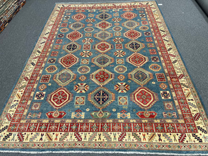 Kazak Light Blue 8X12 Handmade Wool Rug # 13740