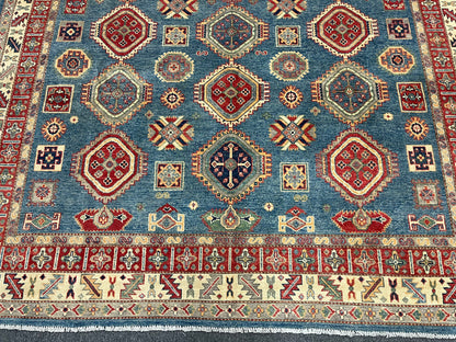 Kazak Light Blue 8X12 Handmade Wool Rug # 13740