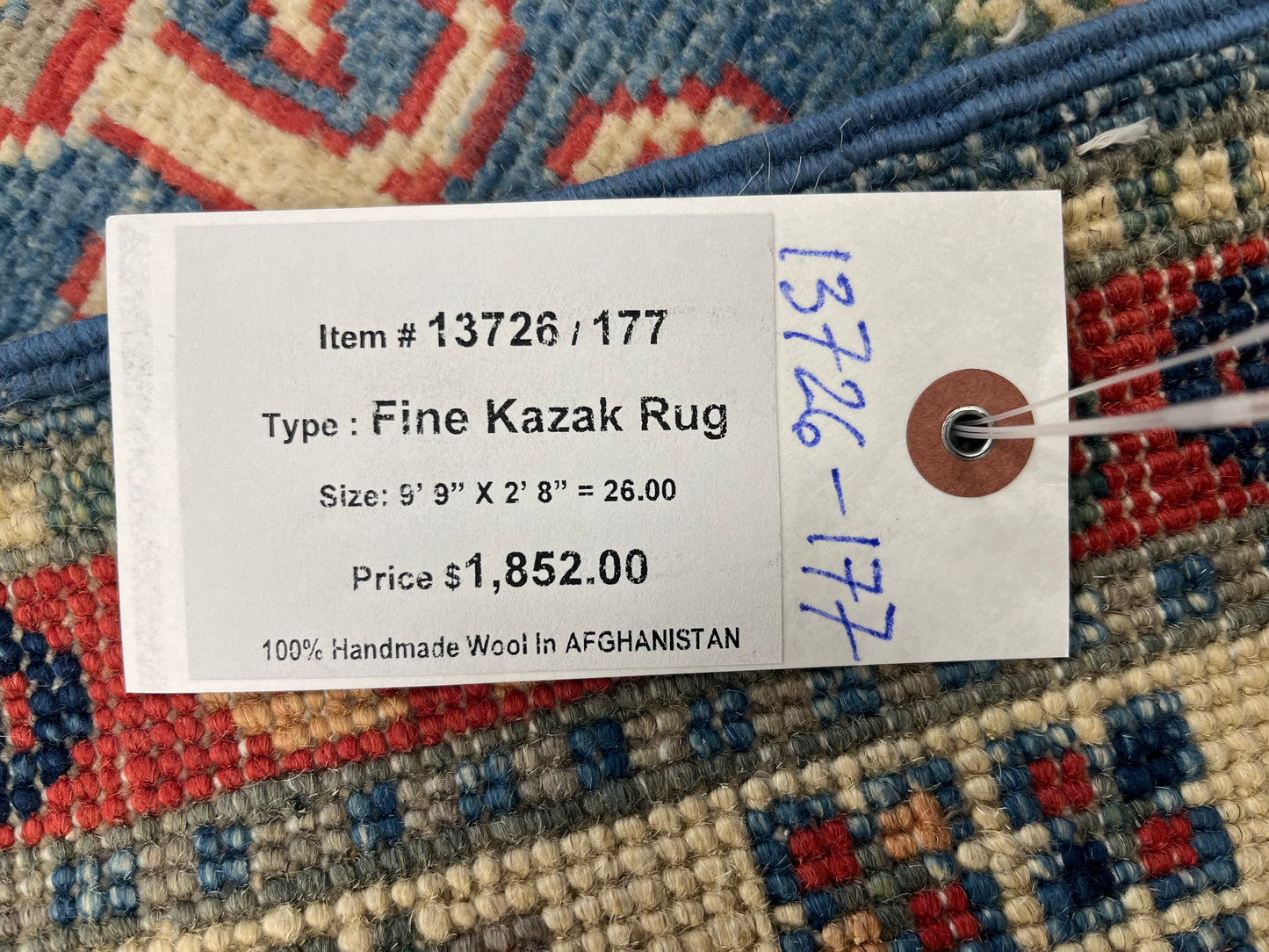 Runner Kazak Light Blue 2' 8"X10' Handmade Wool Rug # 13726