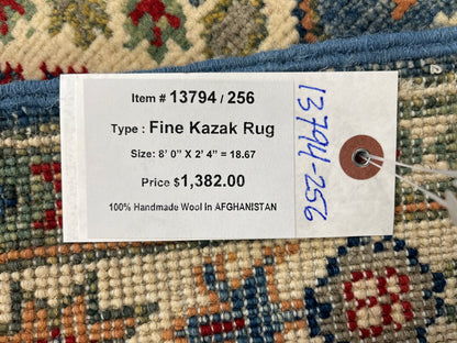 Runner Kazak Light Blue 2' 4"X8' Handmade Wool Rug # 13794