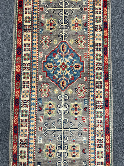 Runner Kazak Gray 2' 4"X8' Handmade Wool Rug # 13785