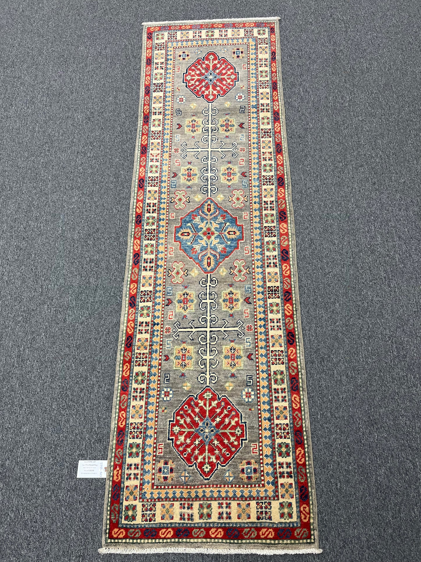 Runner Kazak Gray 2' 4"X8' Handmade Wool Rug # 13785