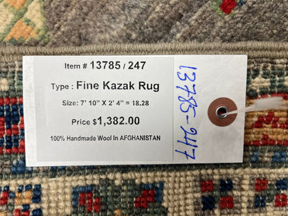 Runner Kazak Gray 2' 4"X8' Handmade Wool Rug # 13785