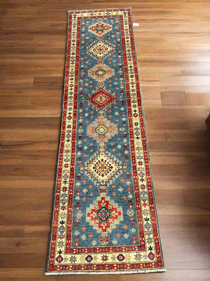 Runner Kazak Light Blue 2' 7"X10' Handmade Wool Rug # 13723