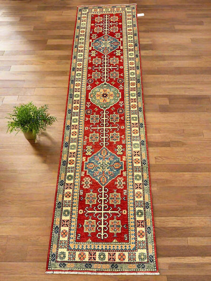 Runner Kazak Red 2' 6"X10' Handmade Wool Rug # 13802