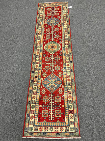 Runner Kazak Red 2' 6"X10' Handmade Wool Rug # 13802