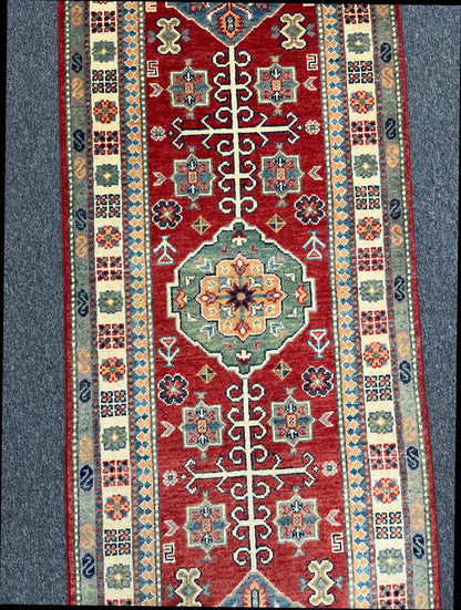 Runner Kazak Red 2' 6"X10' Handmade Wool Rug # 13802