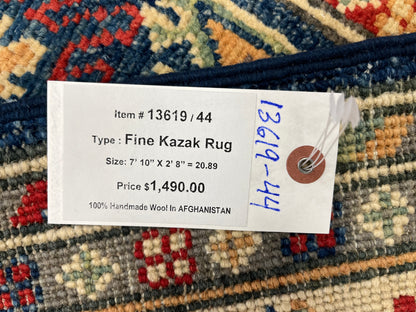 Kazak Navy Blue Runner 2' 8"X8' Handmade Wool Rug # 13619