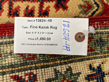 Kazak Runner Red 2' 8"X9' Handmade Wool Rug # 13624