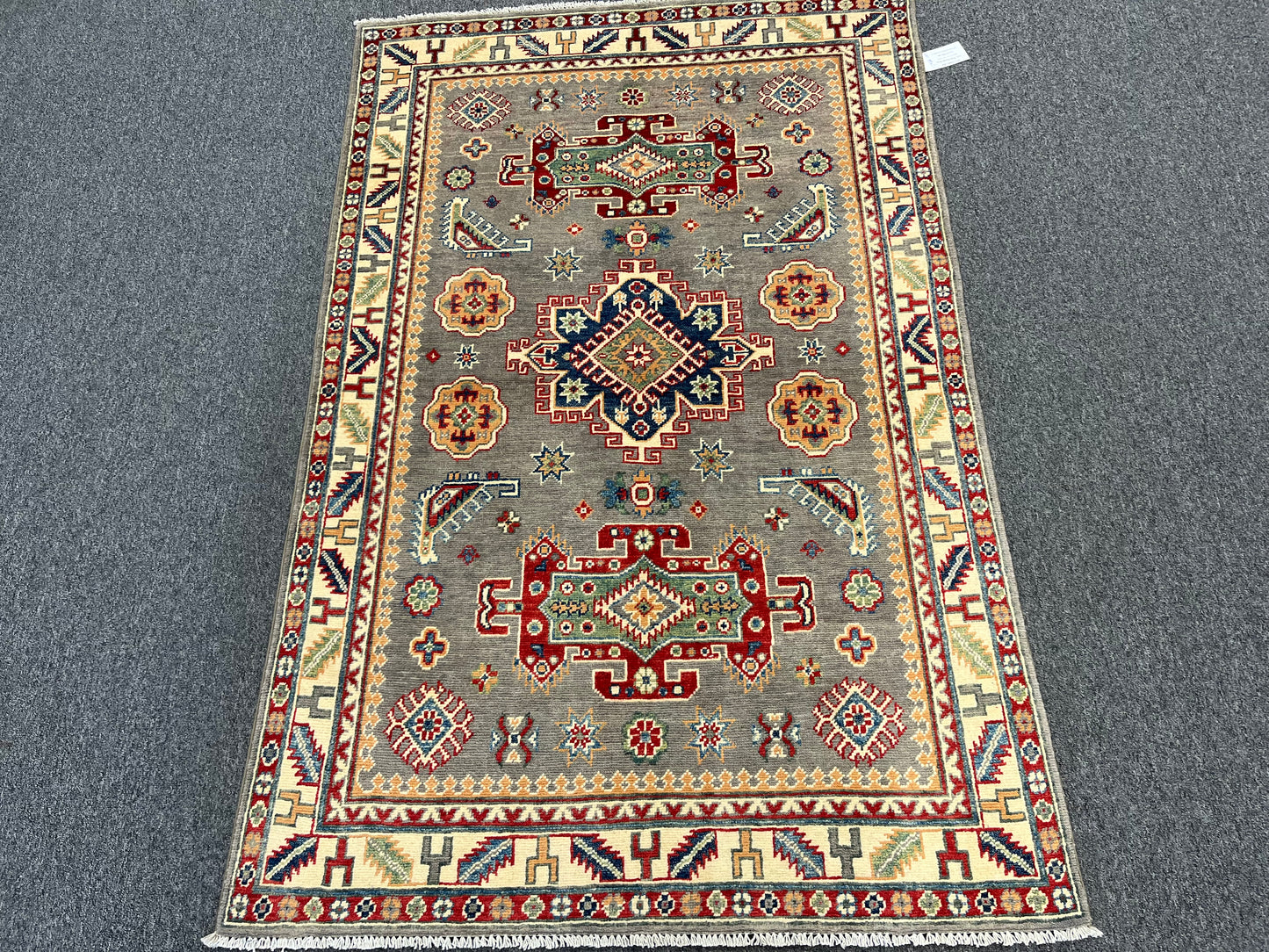 Kazak Gray Rug 4X6 Handmade Wool # 13944