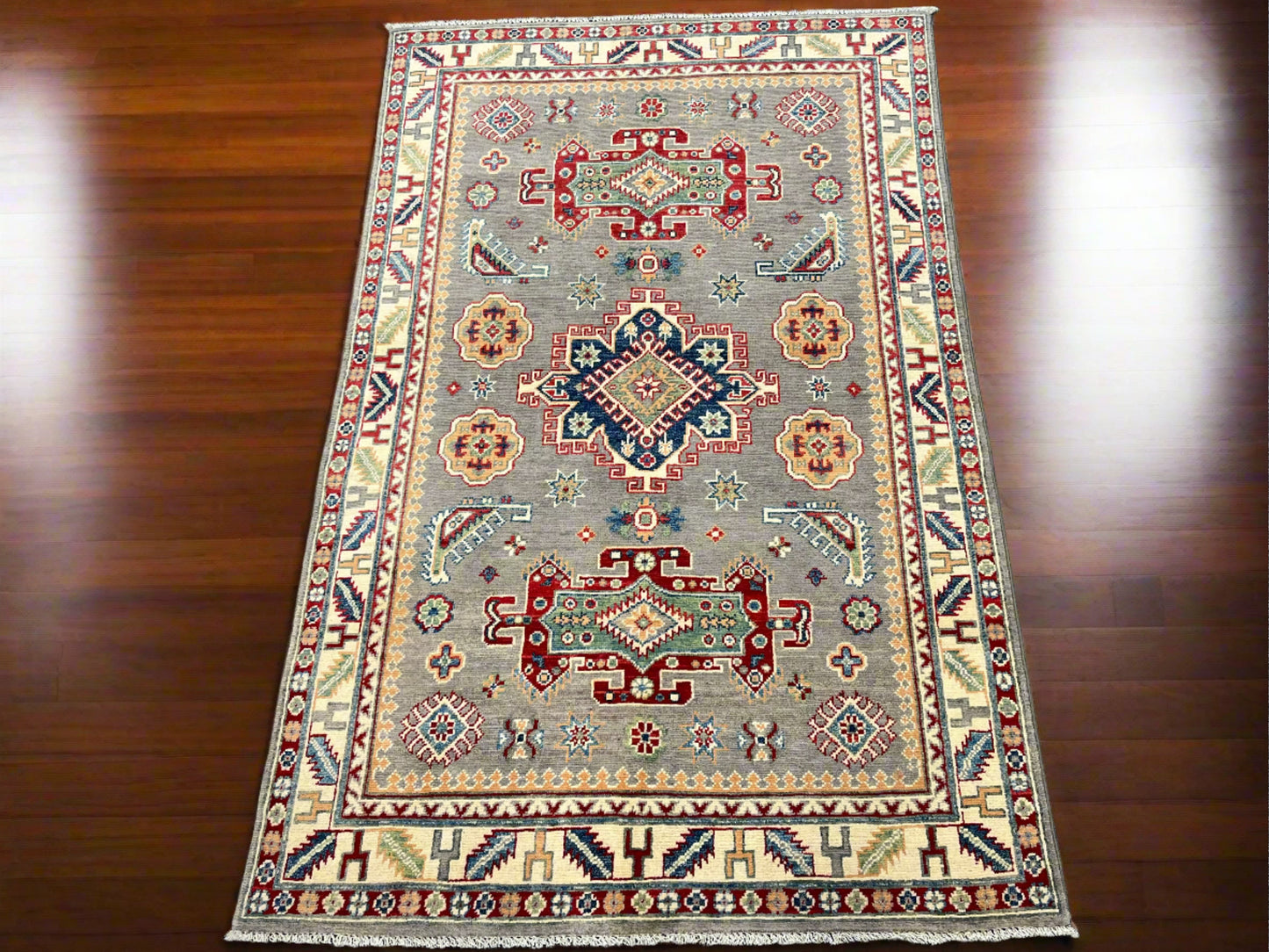 Kazak Gray Rug 4X6 Handmade Wool # 13944