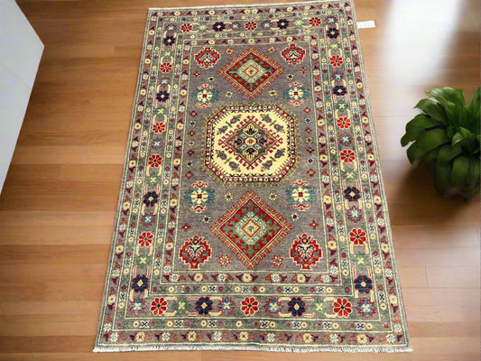 4X6 Kazak Gray Handmade Wool Area Rug # 13942