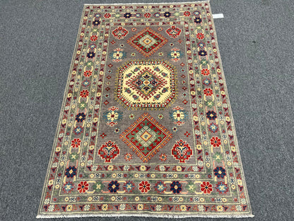 4X6 Kazak Gray Handmade Wool Area Rug # 13942