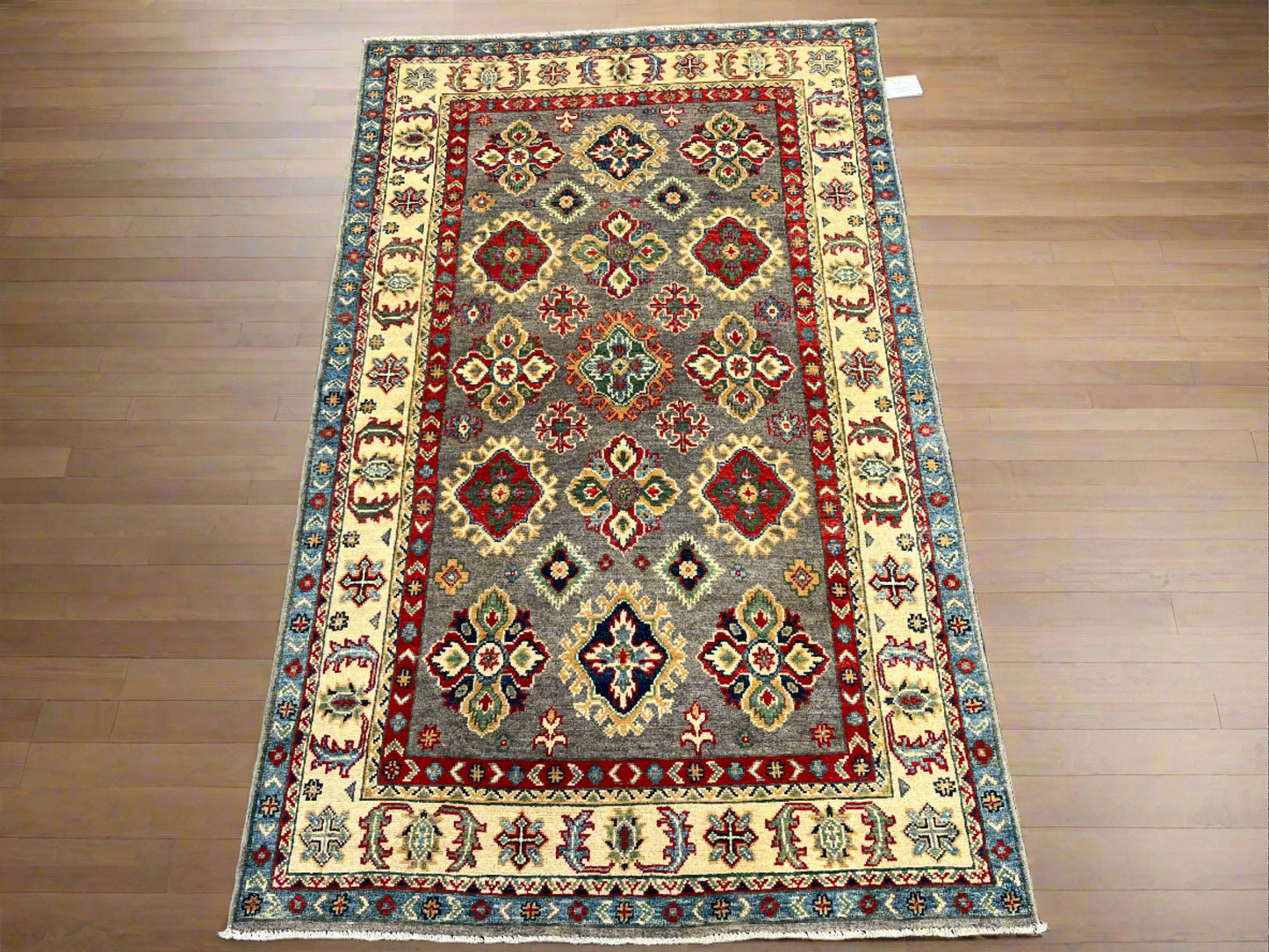 Gray Geometric Wool Kazak Oriental Rug 4x6 # 13946