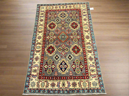 Gray Geometric Wool Kazak Oriental Rug 4x6 # 13946