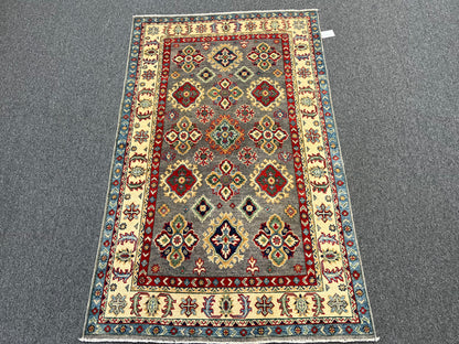 Gray Geometric Wool Kazak Oriental Rug 4x6 # 13946