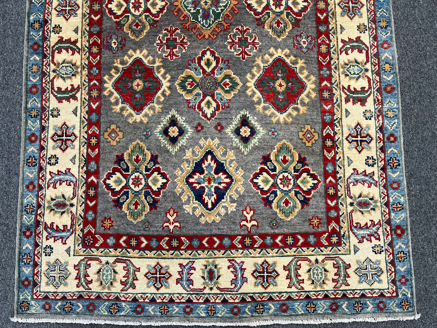 Gray Geometric Wool Kazak Oriental Rug 4x6 # 13946