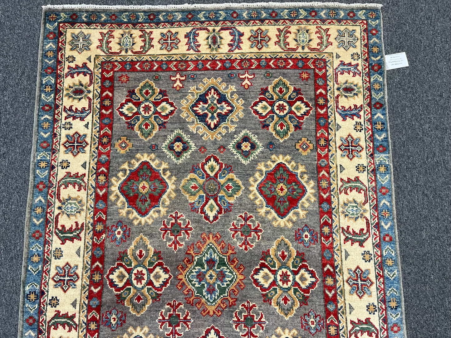 Gray Geometric Wool Kazak Oriental Rug 4x6 # 13946