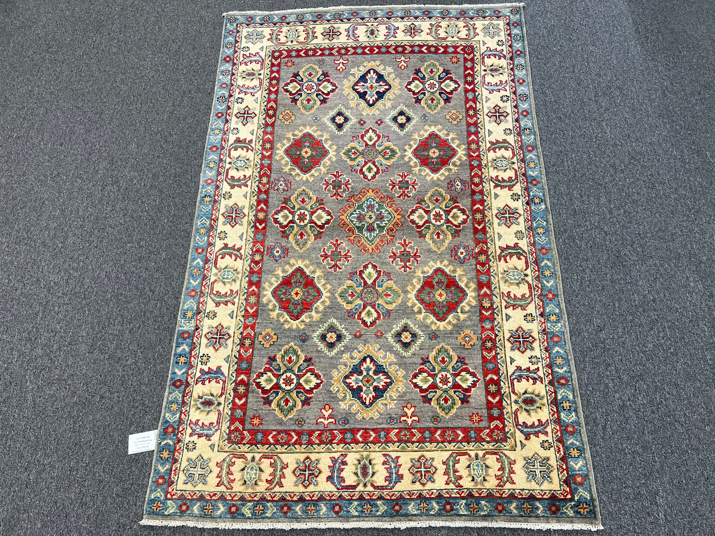 Gray Geometric Wool Kazak Oriental Rug 4x6 # 13946