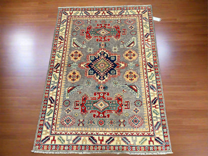 Gray Geometric Wool Kazak 4x6 Area Rug # 13940