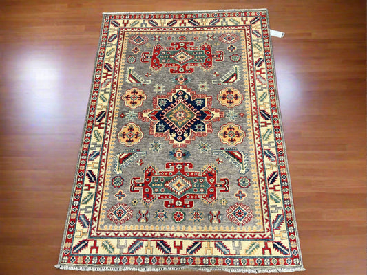 Gray Geometric Wool Kazak 4x6 Area Rug # 13940