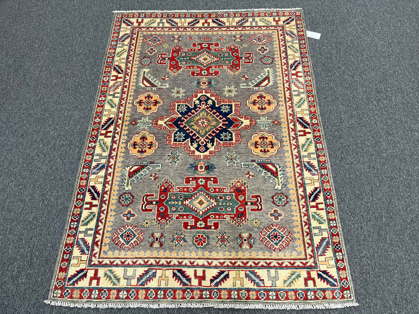 Gray Geometric Wool Kazak 4x6 Area Rug # 13940