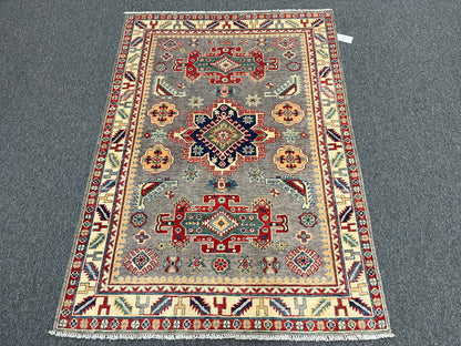 Gray Geometric Wool Kazak 4x6 Area Rug # 13940