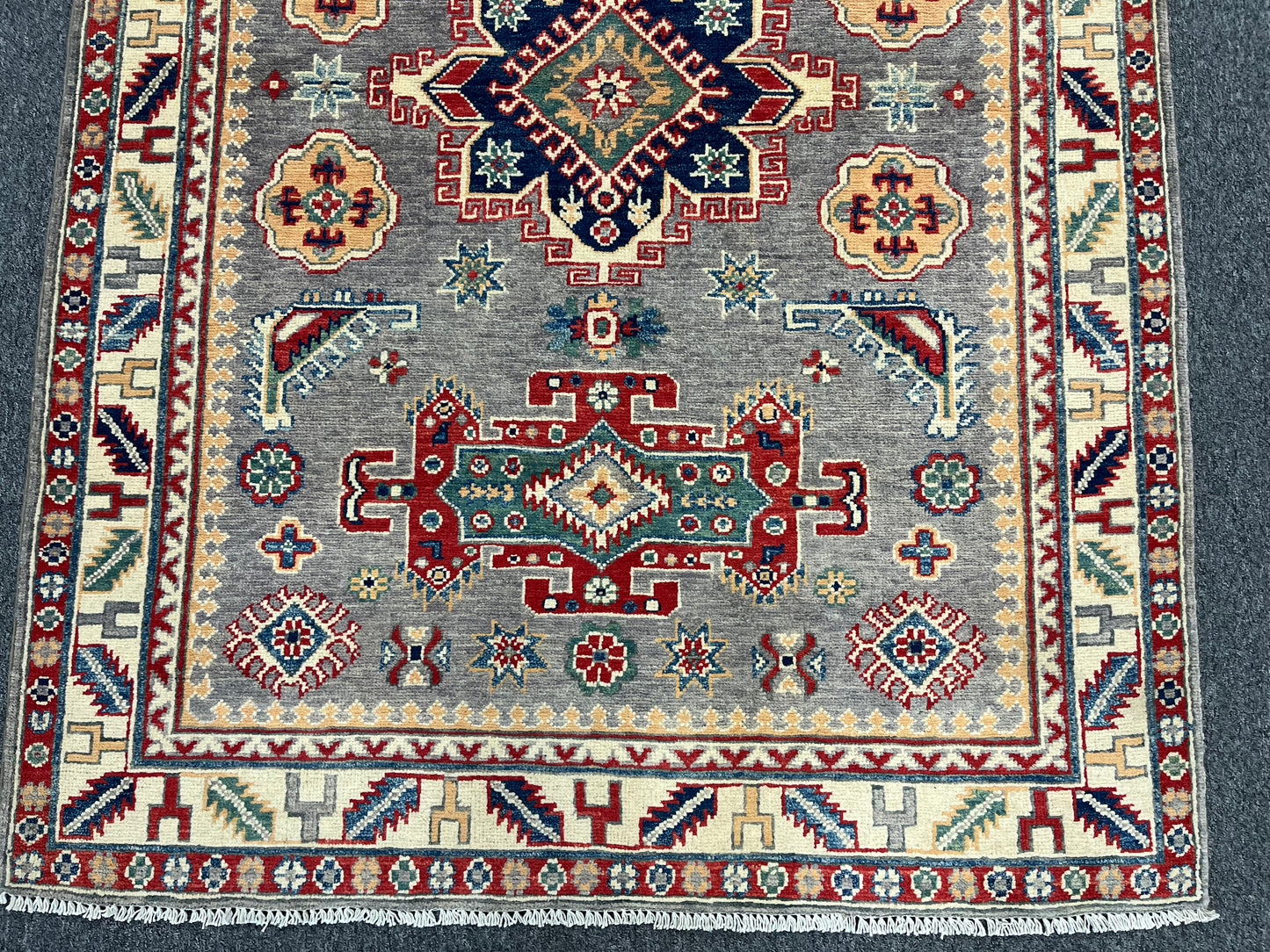 Gray Geometric Wool Kazak 4x6 Area Rug # 13940