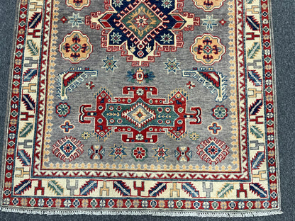 Gray Geometric Wool Kazak 4x6 Area Rug # 13940