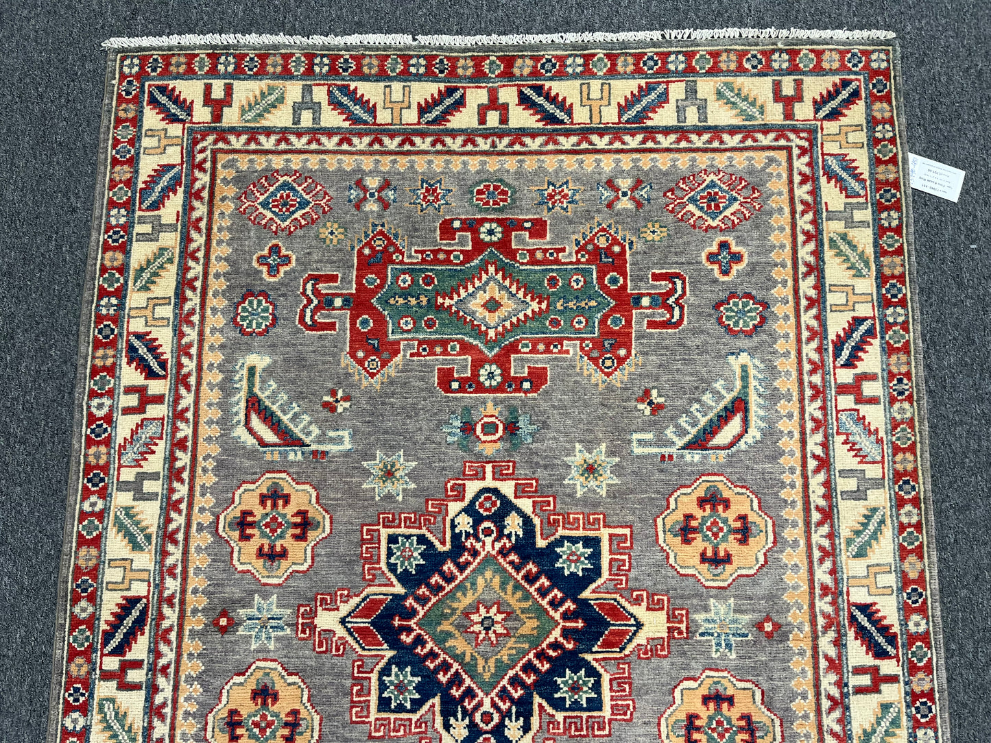 Gray Geometric Wool Kazak 4x6 Area Rug # 13940