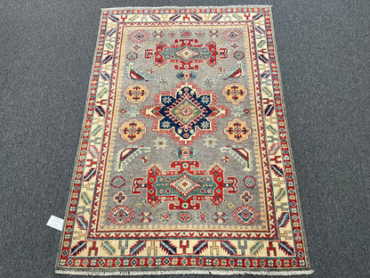 Gray Geometric Wool Kazak 4x6 Area Rug # 13940