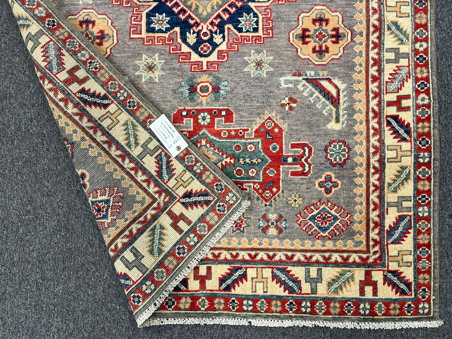 Gray Geometric Wool Kazak 4x6 Area Rug # 13940