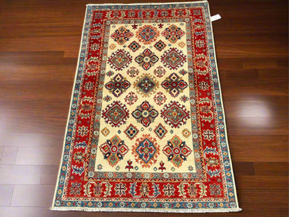 4X6 Kazak Beige/Red Wool Handmade Rug # 13948