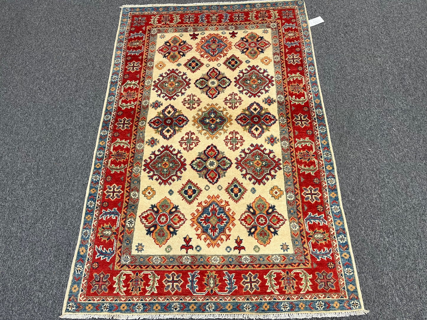 4X6 Kazak Beige/Red Wool Handmade Rug # 13948