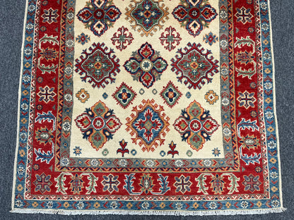 4X6 Kazak Beige/Red Wool Handmade Rug # 13948