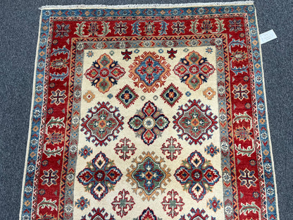 4X6 Kazak Beige/Red Wool Handmade Rug # 13948