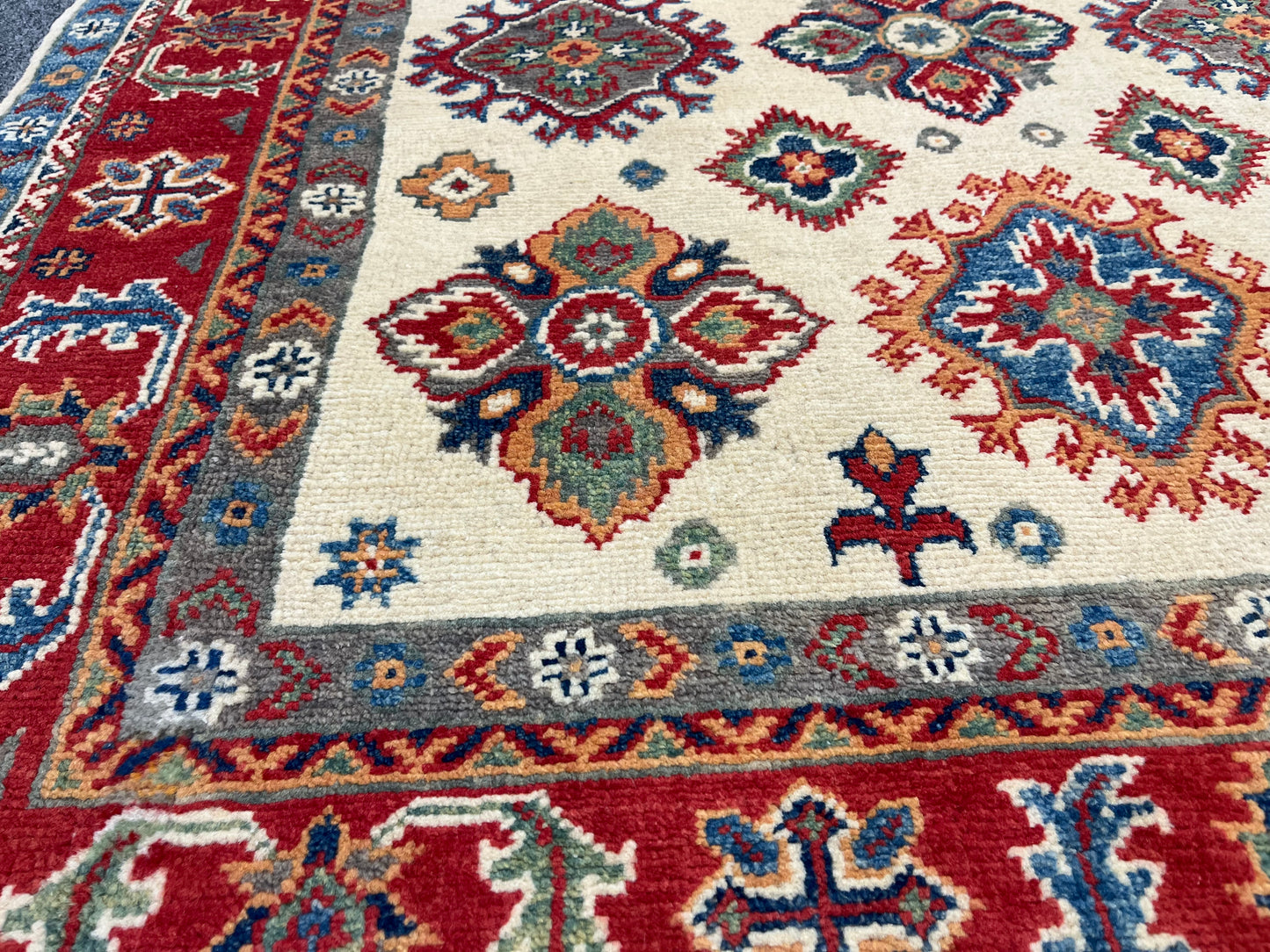 4X6 Kazak Beige/Red Wool Handmade Rug # 13948