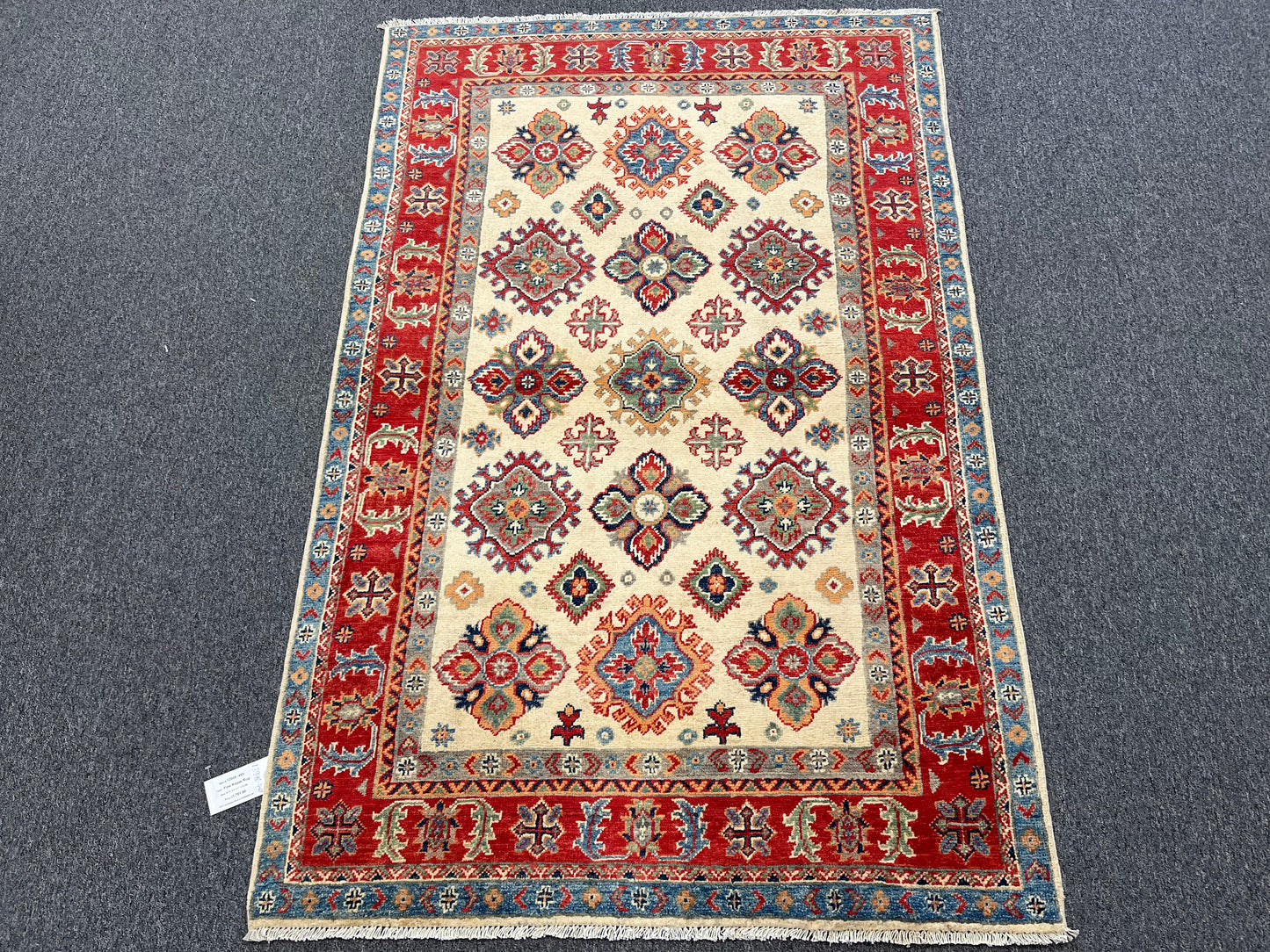 4X6 Kazak Beige/Red Wool Handmade Rug # 13948