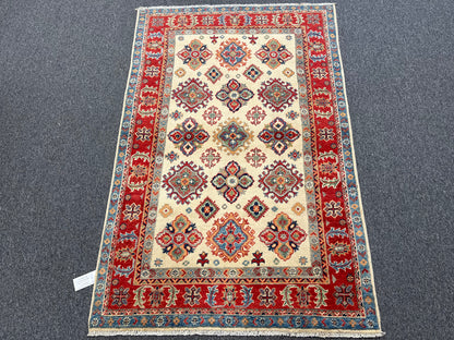 4X6 Kazak Beige/Red Wool Handmade Rug # 13948