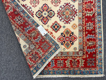 4X6 Kazak Beige/Red Wool Handmade Rug # 13948